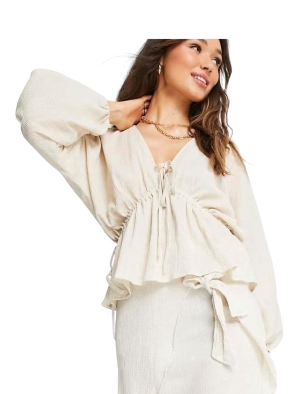 ASOS Cream Linen Blend Peplum Tie-Front Blouse